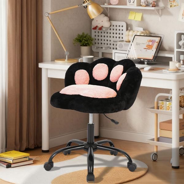 Chaise de coiffeuse Garvee à roulettes, pivotante à 360°, réglable en hauteur, en polaire douce, motif patte de chat, idéale pour la chambre et le bureau, renforcée en nylon, confortable