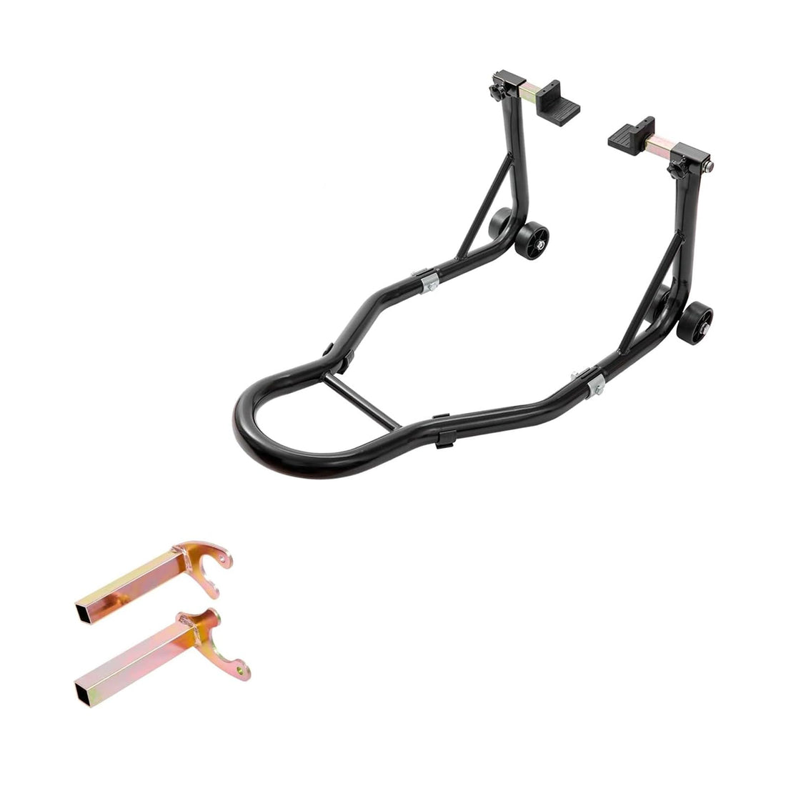 Béquille moto Garvee 850 lb avec supports de fourche en U et L pour motos sportives et tout-terrain, en acier antidérapant, avec roulettes et réglable.