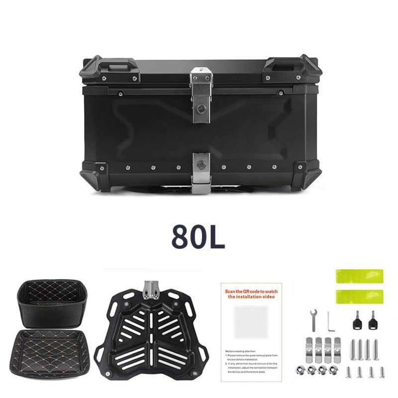 Top case moto Garvee 80L en alliage d'aluminium avec serrure de sécurité, étanche, robuste et polyvalent, couleur argent.