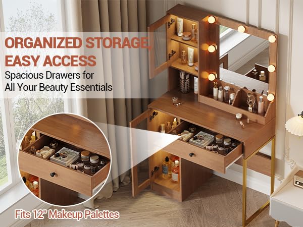 Coiffeuse Garvee avec miroir et éclairage, MDF robuste, éclairage à intensité variable, ports USB, chambre, blanche