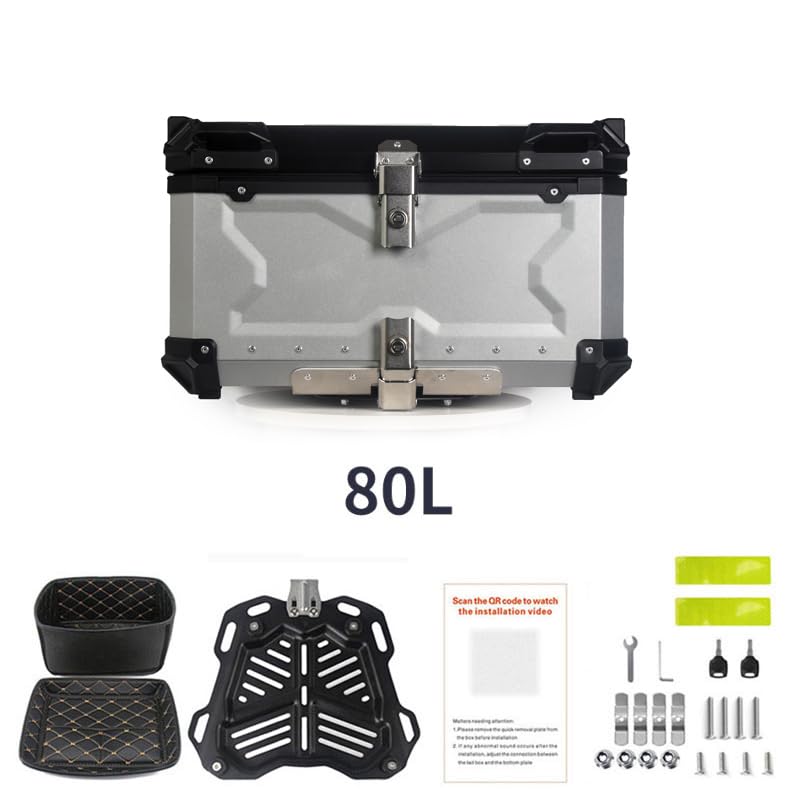 Top case moto Garvee 80L en alliage d'aluminium avec serrure de sécurité, étanche, robuste et polyvalent, couleur argent.