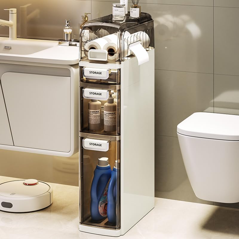 Meuble de salle de bain Garvee à 4 niveaux, étroit, avec tiroirs transparents et roulettes, pour salle de bain et cuisine. Gain de place, étanche, ABS et PP, argent.