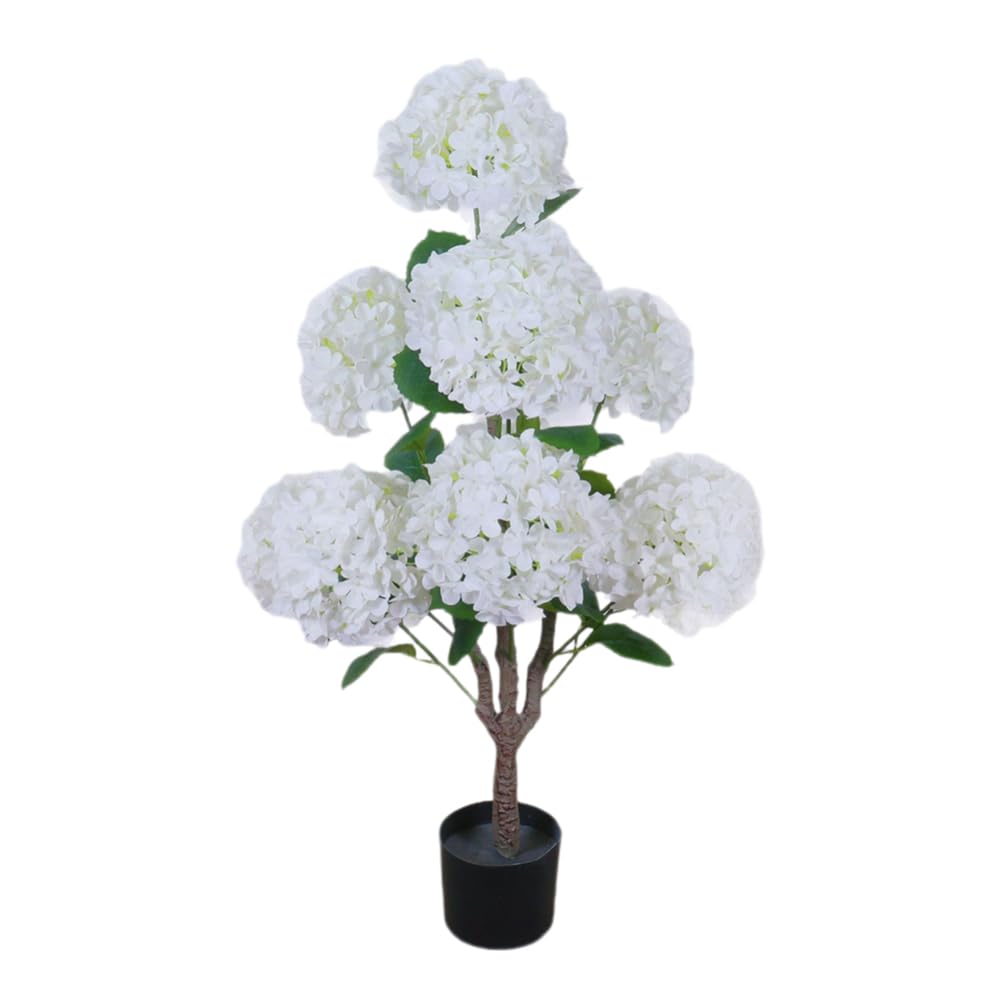 Hortensia artificiel Garvee de 90 cm avec pot en ciment robuste, blanc réaliste, idéal pour mariages et bureaux.