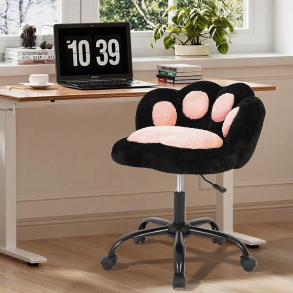 Chaise de coiffeuse Garvee à roulettes, pivotante à 360°, réglable en hauteur, en polaire douce, motif patte de chat, idéale pour la chambre et le bureau, renforcée en nylon, confortable