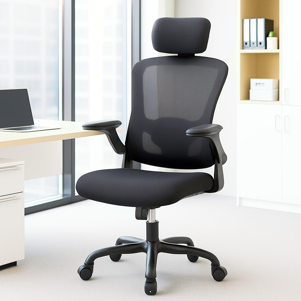 Chaise de bureau ergonomique Garvee avec soutien lombaire et appui-tête réglables, accoudoirs pliables, maille respirante, pivotante, à roulettes, noire, pour le bureau et le gaming