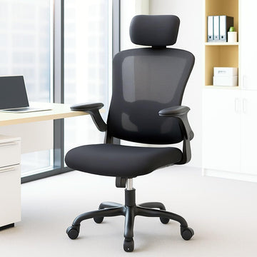Chaise de bureau ergonomique Garvee avec soutien lombaire et appui-tête réglables, accoudoirs pliables, maille respirante, pivotante, à roulettes, noire, pour le bureau et le gaming