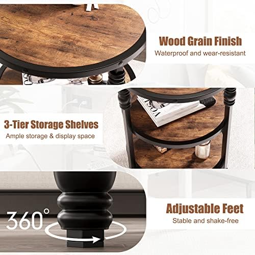 Garvee Table d’appoint ronde 3 niveaux avec étagère de rangement, pieds en métal et plateau MDF, style vintage, idéale salon et chambre.