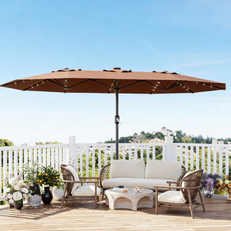 Garvee Parasol rectangulaire extra-large 270 × 450 cm avec manivelle facile et LED solaires, idéal jardin, terrasse et grands repas, marron