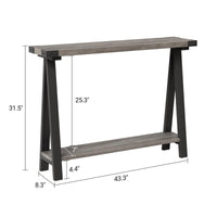 Console Garvee style ferme, 110 cm, avec rangement, 2 niveaux, structure en métal, MDF, brun rustique, pour entrée, salon ou couloir.