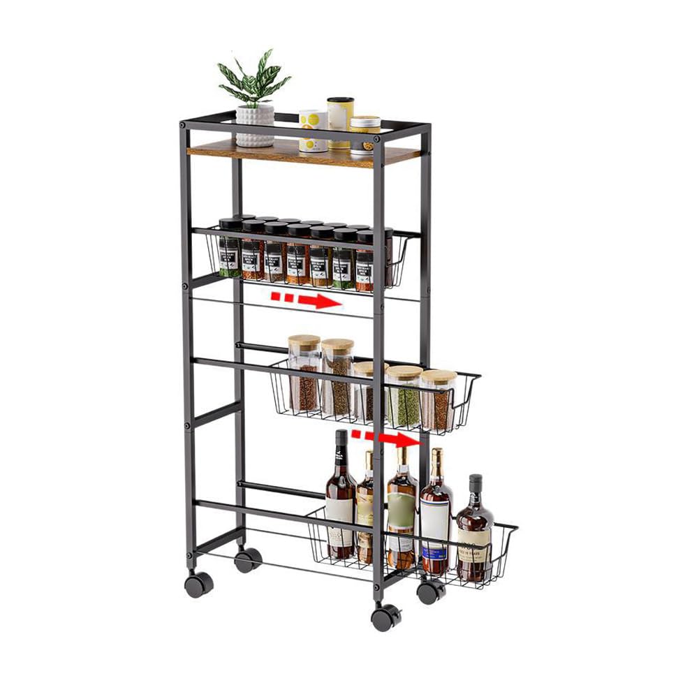 Chariot à roulettes Garvee Slim à 4 niveaux avec plateau en bois, structure robuste en acier, pour la cuisine et la salle de bain, largeur 19,5 cm, noir