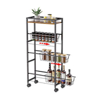 Chariot à roulettes Garvee Slim à 4 niveaux avec plateau en bois, structure robuste en acier, pour la cuisine et la salle de bain, largeur 19,5 cm, noir