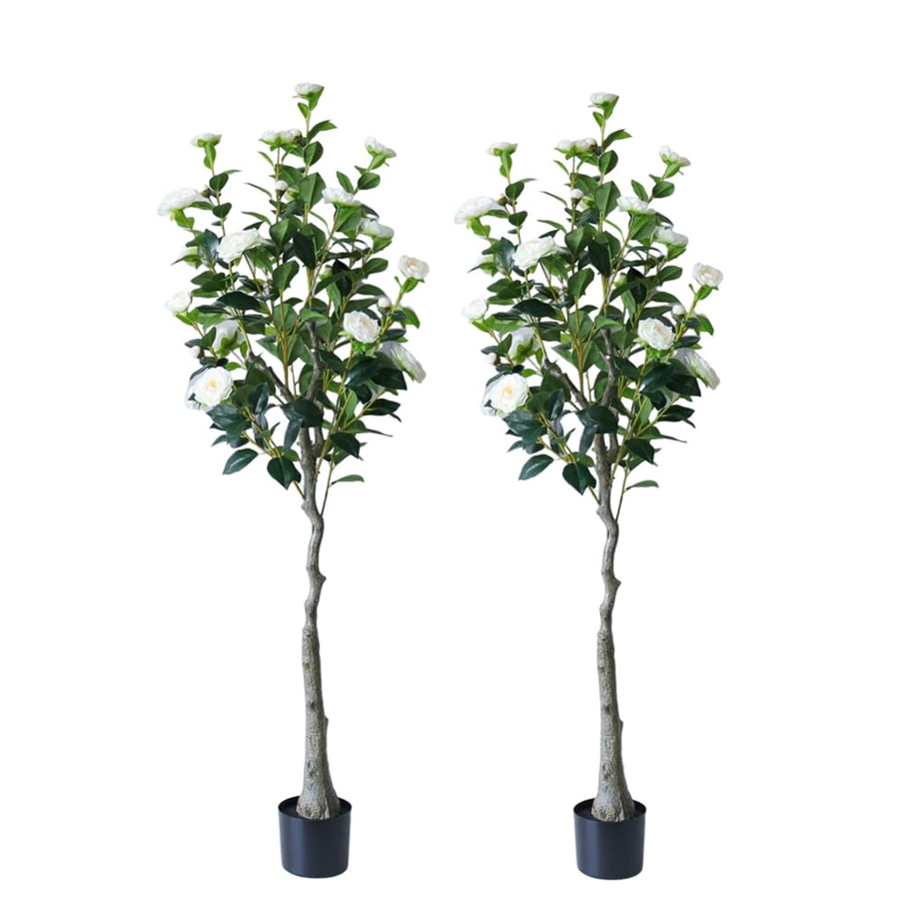 Ensemble de 2 camélias artificiels Garvee de 150 cm, feuilles et fleurs réalistes, entretien facile, pour salon et bureau, couleur ivoire.