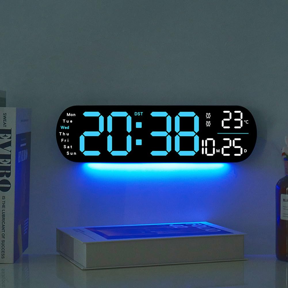 Horloge murale numérique LED Garvee 35 cm, grand écran, 9 niveaux de luminosité, affichage de la température, fonction mémoire, bleue, pour la cuisine et le bureau