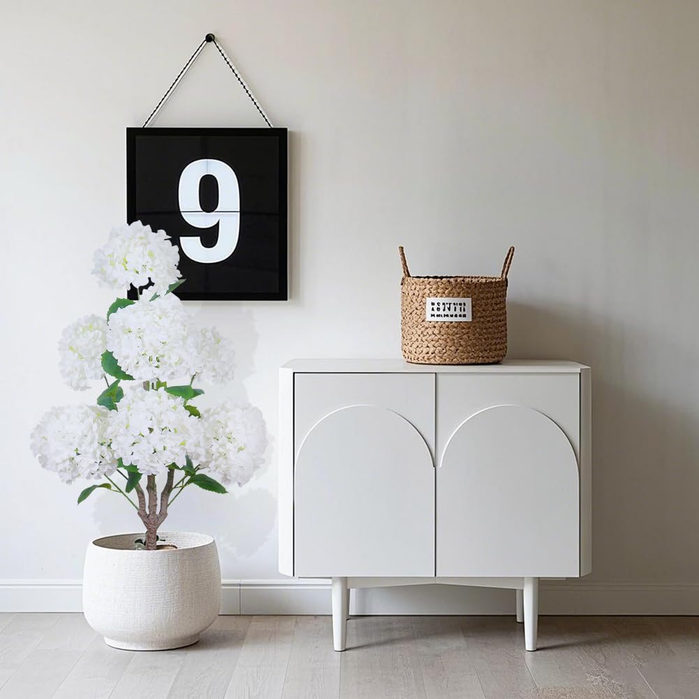 Hortensia artificiel Garvee de 90 cm avec pot en ciment robuste, blanc réaliste, idéal pour mariages et bureaux.