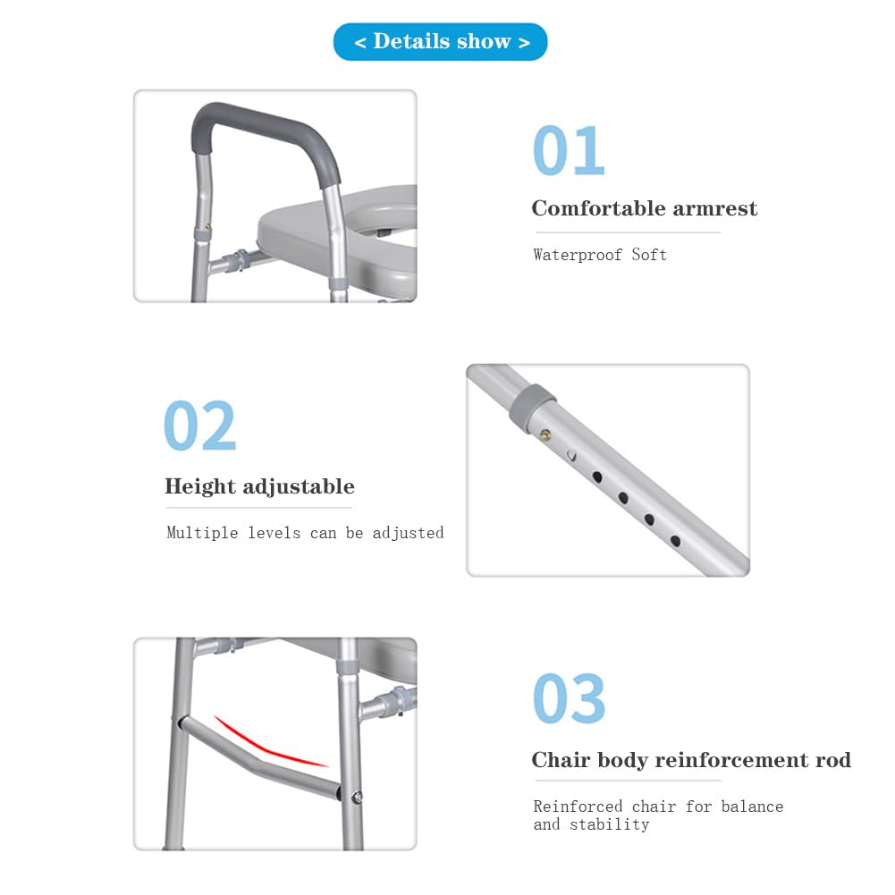 Garvee Siège de WC surélevé réglable avec accoudoirs et cadre indépendant pour salle de bain, matériau résistant, poches latérales et pieds antidérapants.