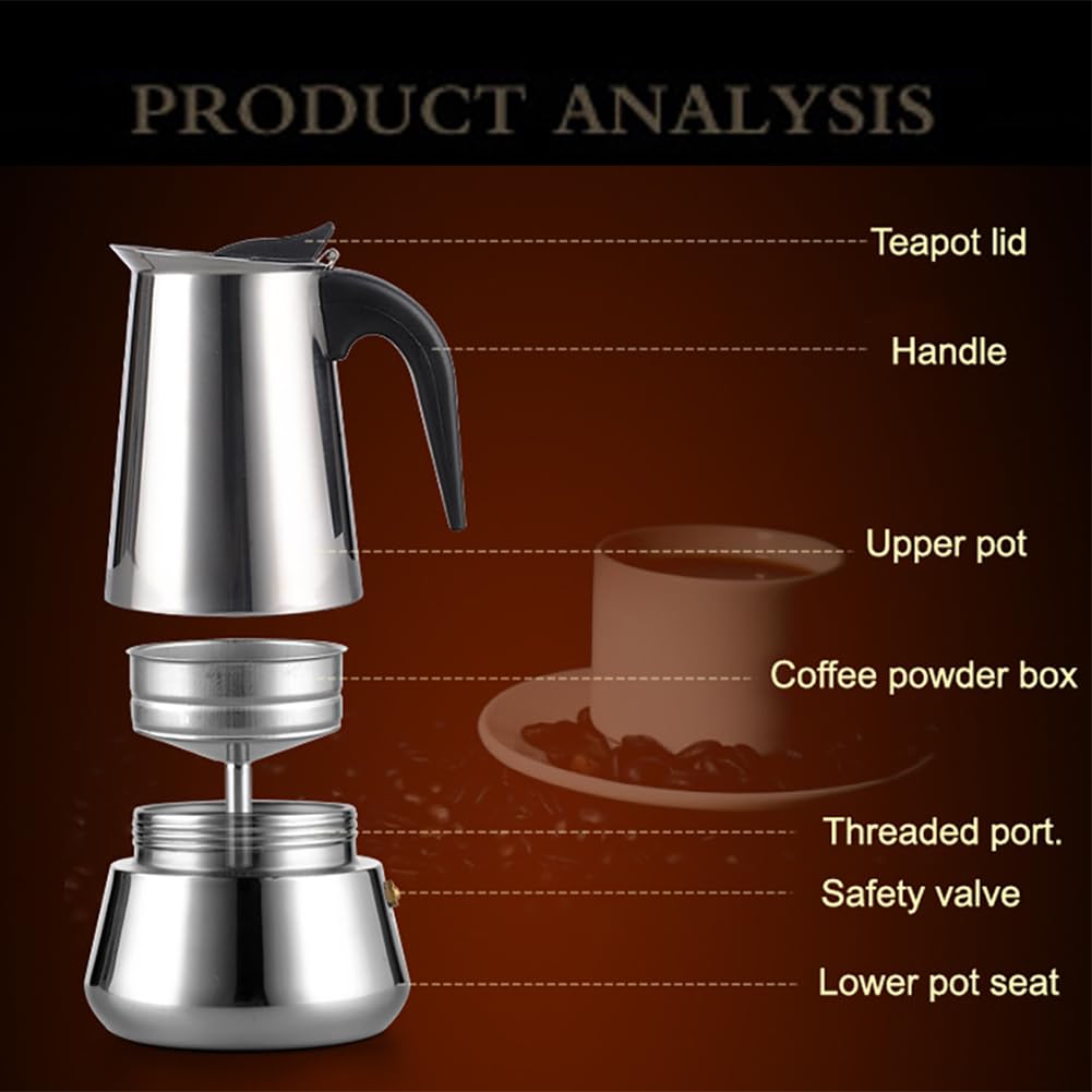 Cafetière italienne GARVEE Moka, 4 tasses, en acier inoxydable, compatible induction, soupape de sécurité, poignée ergonomique, pour la maison et le bureau