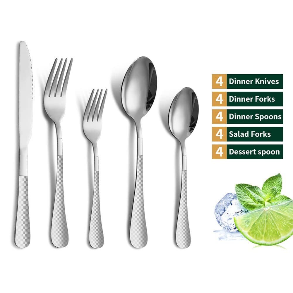 Garvee Ménagère 20 pièces en argent pour 4 personnes, acier inoxydable, motif à damier, finition polie miroir, compatible lave-vaisselle, pour la cuisine et la restauration, argent