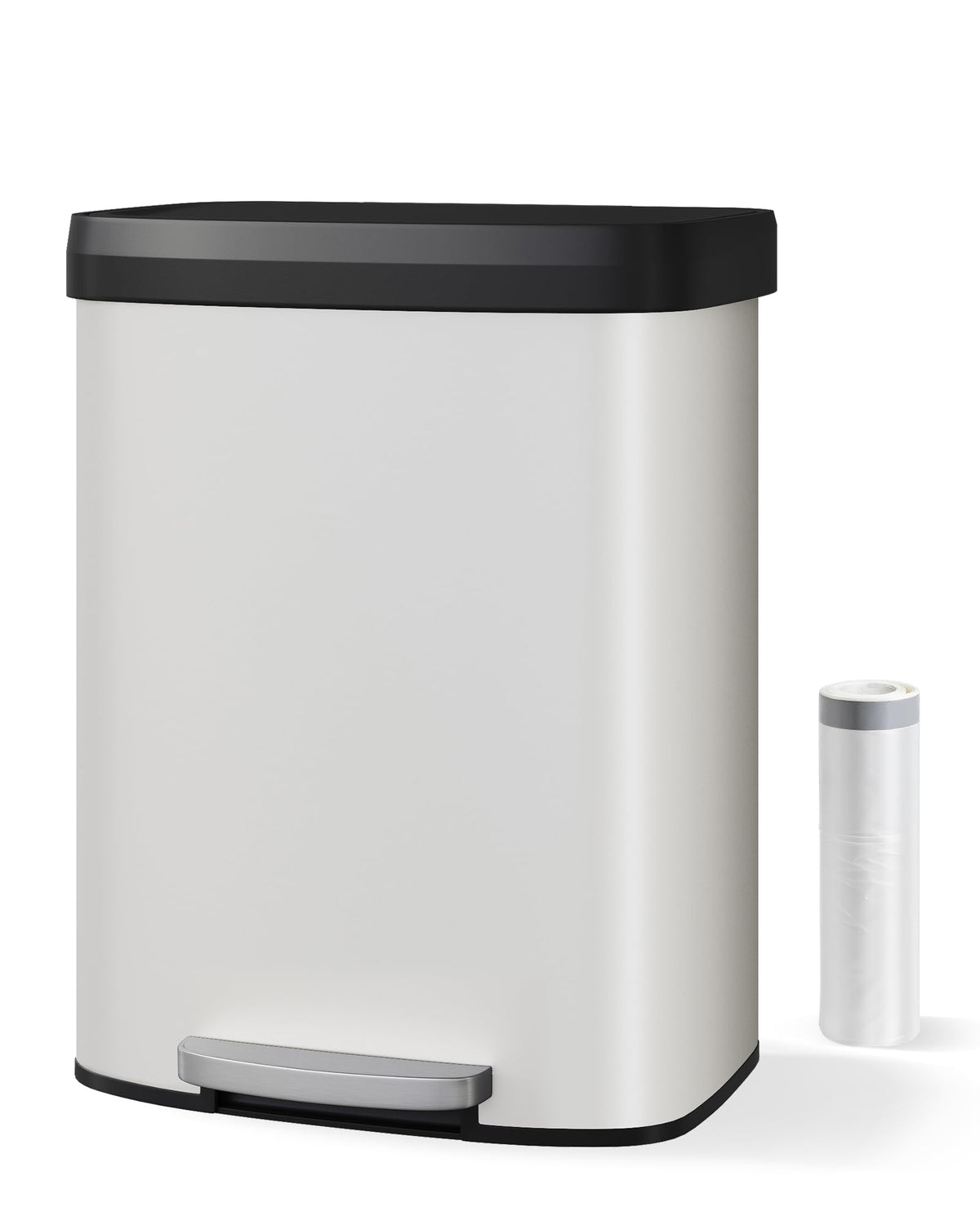 Poubelle métallique Garvee de 60 litres avec couvercle, antirouille, fermeture amortie, idéale pour la cuisine et le bureau, blanche, ergonomique, avec rebord intérieur.
