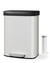 Poubelle métallique Garvee de 60 litres avec couvercle, antirouille, fermeture amortie, idéale pour la cuisine et le bureau, blanche, ergonomique, avec rebord intérieur.