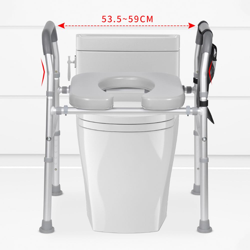 Garvee Siège de WC surélevé réglable avec accoudoirs et cadre indépendant pour salle de bain, matériau résistant, poches latérales et pieds antidérapants.