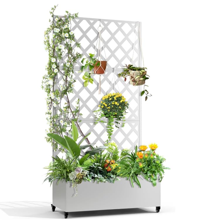 Bac à plantes en métal GARVEE avec treillis motif feuillage, pour jardin, terrasse ou balcon, brise-vue 120 x 40 x 180 cm