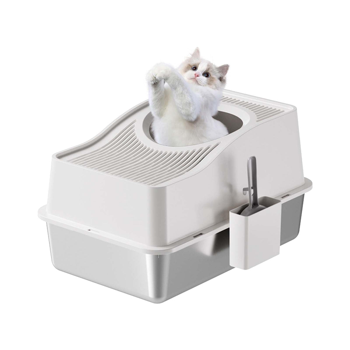 Garvee Bac à litière en acier inoxydable avec couvercle, extra large, rebord haut, antibruit, pour chats jusqu'à 15 kg, intérieur, argent
