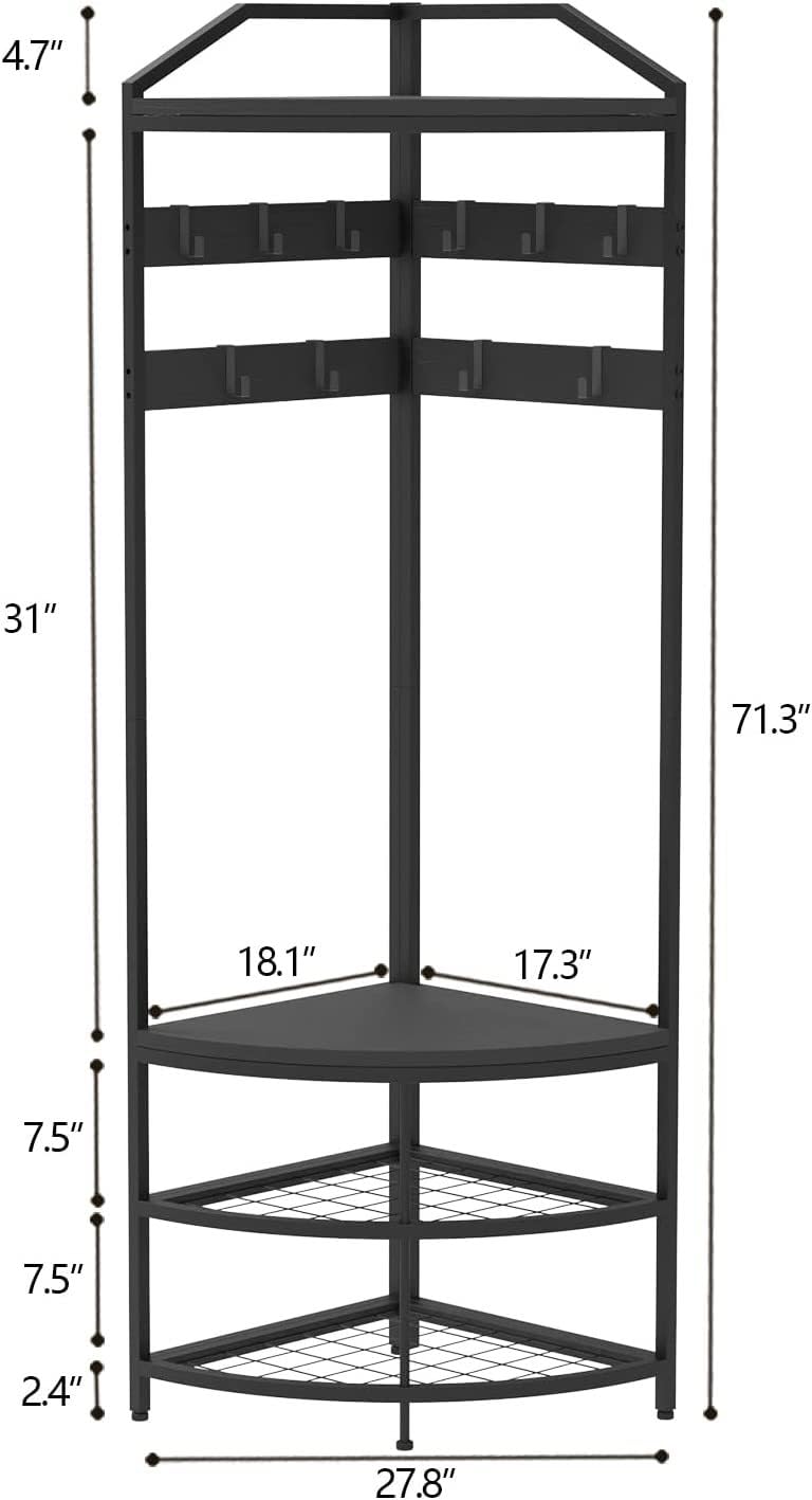 Porte-manteau d'angle Garvee avec rangement, métal, protection anti-basculement, étagères en maille, autoportant, noir pour couloir et chambre