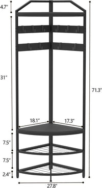 Porte-manteau d'angle Garvee avec rangement, métal, protection anti-basculement, étagères en maille, autoportant, noir pour couloir et chambre