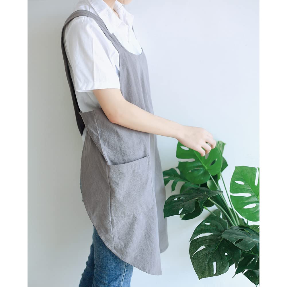 Tablier Garvee en coton et lin pour femme, style tablier, bretelles croisées ouvertes, 2 grandes poches, idéal pour la cuisine et les grillades, 72 x 90 cm, couleur naturelle