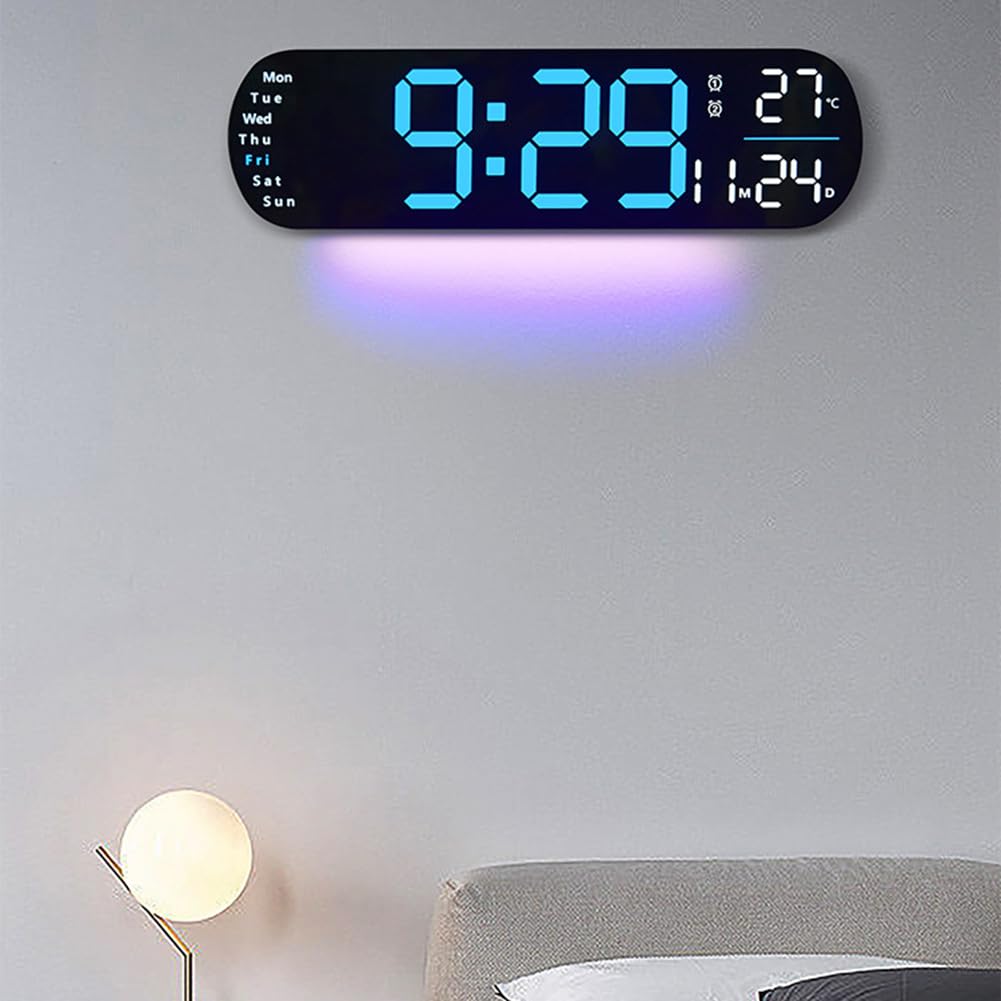 Horloge murale numérique LED Garvee 35 cm, grand écran, 9 niveaux de luminosité, affichage de la température, fonction mémoire, bleue, pour la cuisine et le bureau