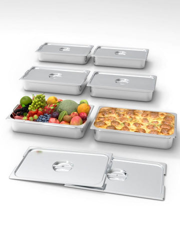 Ensemble de 6 plateaux de service Garvee en acier inoxydable, 10 cm de profondeur, finition miroir, sans poignée ni couvercle. Idéal pour la restauration et les événements.