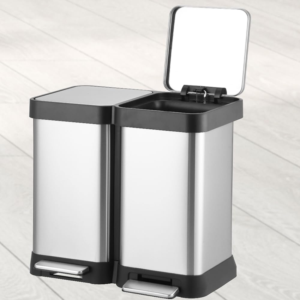 Poubelle double Garvee en acier inoxydable 2 x 20 L avec couvercle à fermeture douce à pédale, rectangulaire, argentée