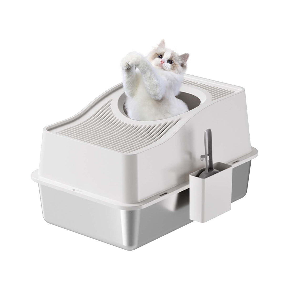 Garvee Bac à litière en acier inoxydable avec couvercle, pour chats jusqu'à 15 kg, usage domestique, silencieux, pelle incluse
