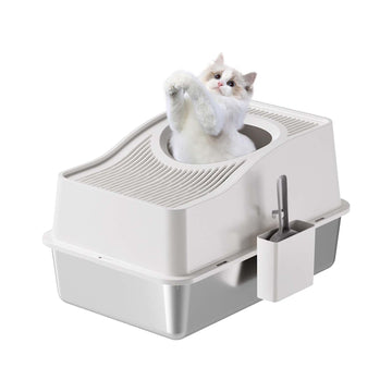 Garvee Bac à litière en acier inoxydable avec couvercle, pour chats jusqu'à 15 kg, usage domestique, silencieux, pelle incluse