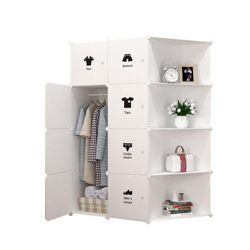 Armoire Garvee composée de 8 cubes avec portes et tringle à vêtements pour chambre à coucher, 75 x 47 x 111 cm, plastique blanc