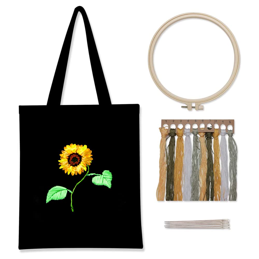 Kit de broderie Garvee pour débutants : sac fourre-tout à motif floral, loisirs créatifs, coton, ensemble complet, idée cadeau.