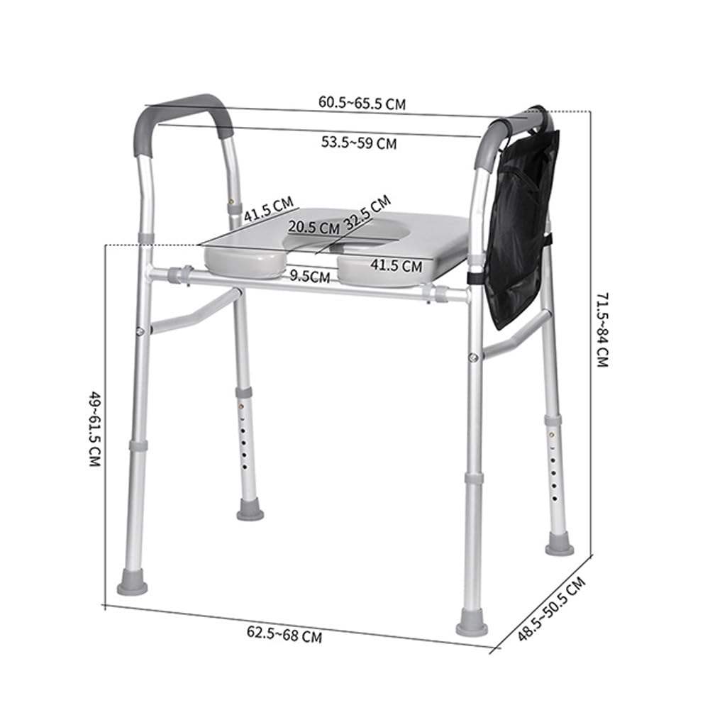 Garvee Siège de WC surélevé réglable avec accoudoirs et cadre indépendant pour salle de bain, matériau résistant, poches latérales et pieds antidérapants.