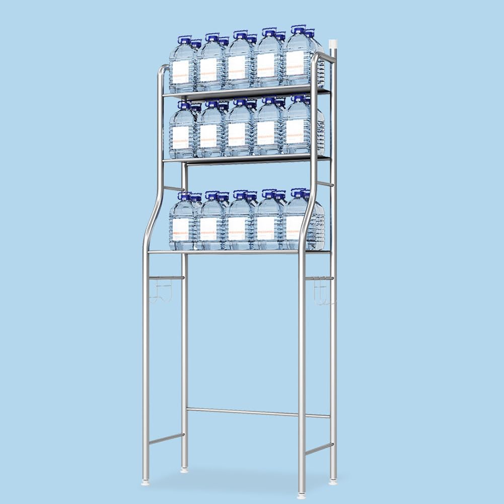 Étagère de salle de bain autoportante à 3 niveaux Garvee en métal avec crochets et porte-papier toilette, idéale pour la salle de bain et la buanderie. Acier inoxydable antirouille, gain de place.