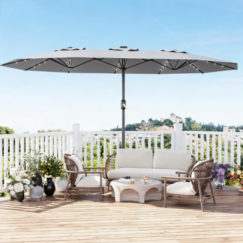 Garvee Parasol rectangulaire 270 × 450 cm avec éclairage solaire et base robuste, idéal terrasse, jardin, piscine et événements, gris