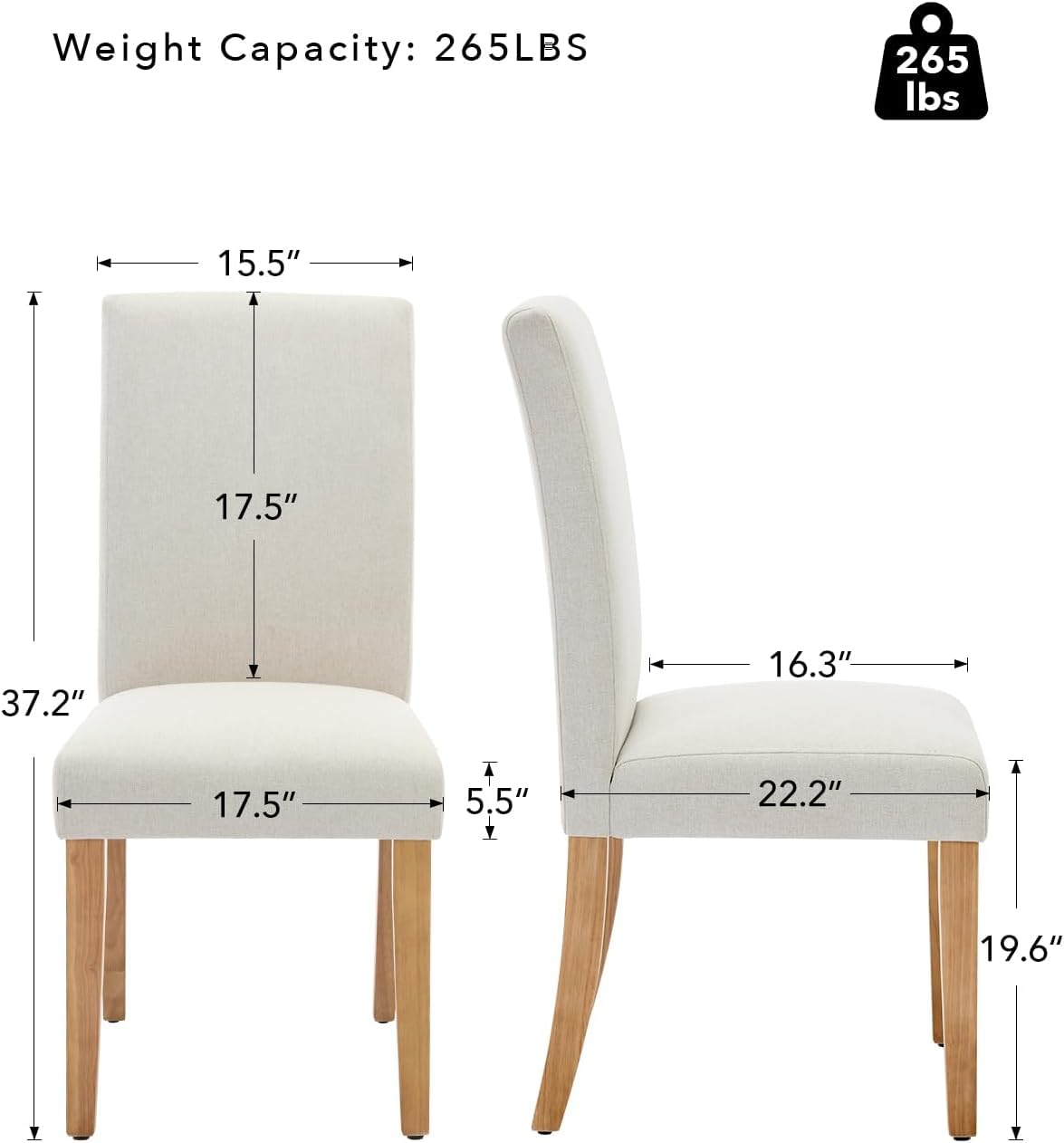 Chaises de salle à manger Garvee Parsons, lot de 2, rembourrées, ergonomiques, revêtement en lin, pieds en bois d'hévéa, pour la cuisine et le salon, beige