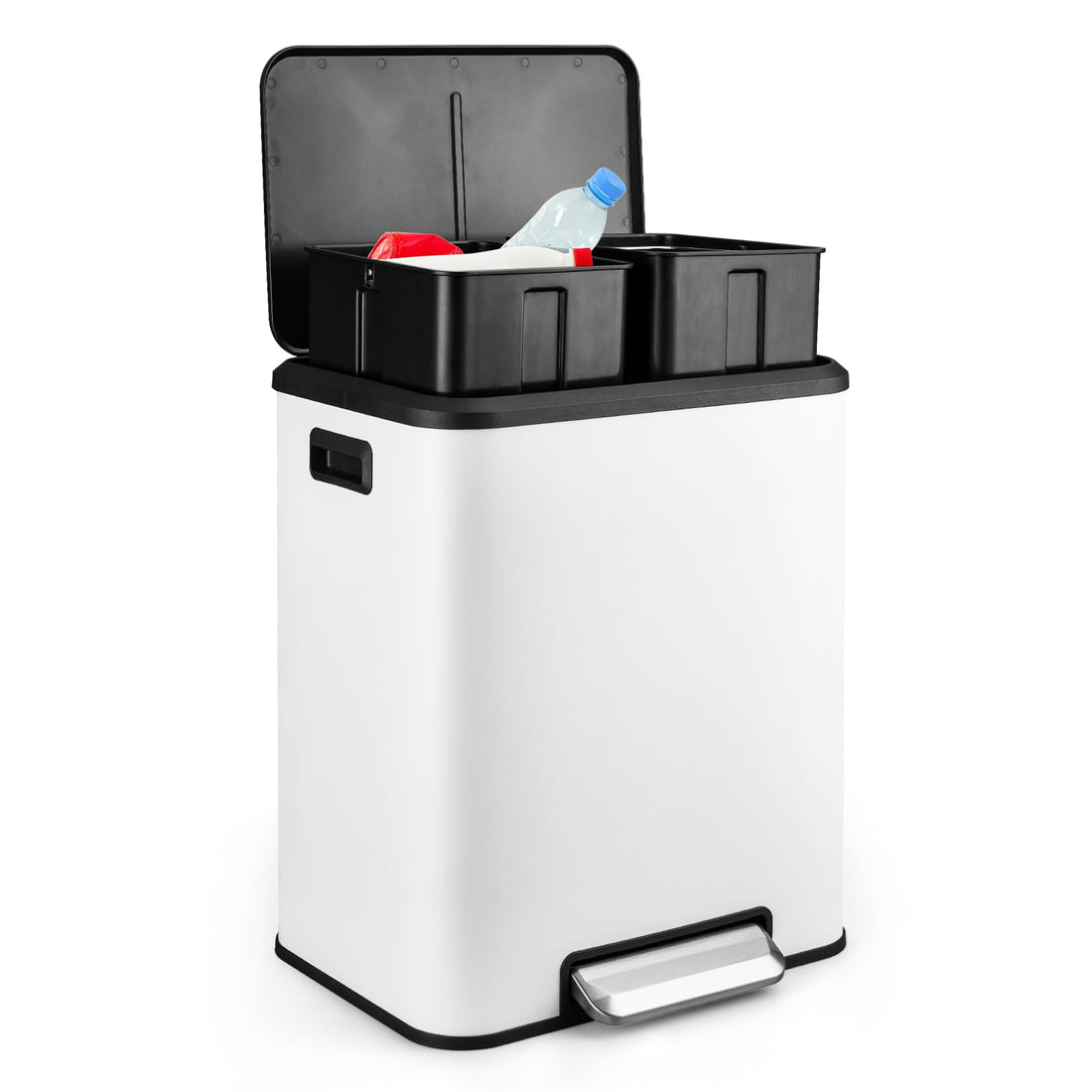 Poubelle double compartiment Garvee en acier inoxydable 30 L avec couvercle à fermeture douce, compacte et argentée, idéale pour les petites cuisines.