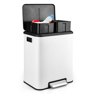 Poubelle double compartiment Garvee en acier inoxydable 30 L avec couvercle à fermeture douce, compacte et argentée, idéale pour les petites cuisines.