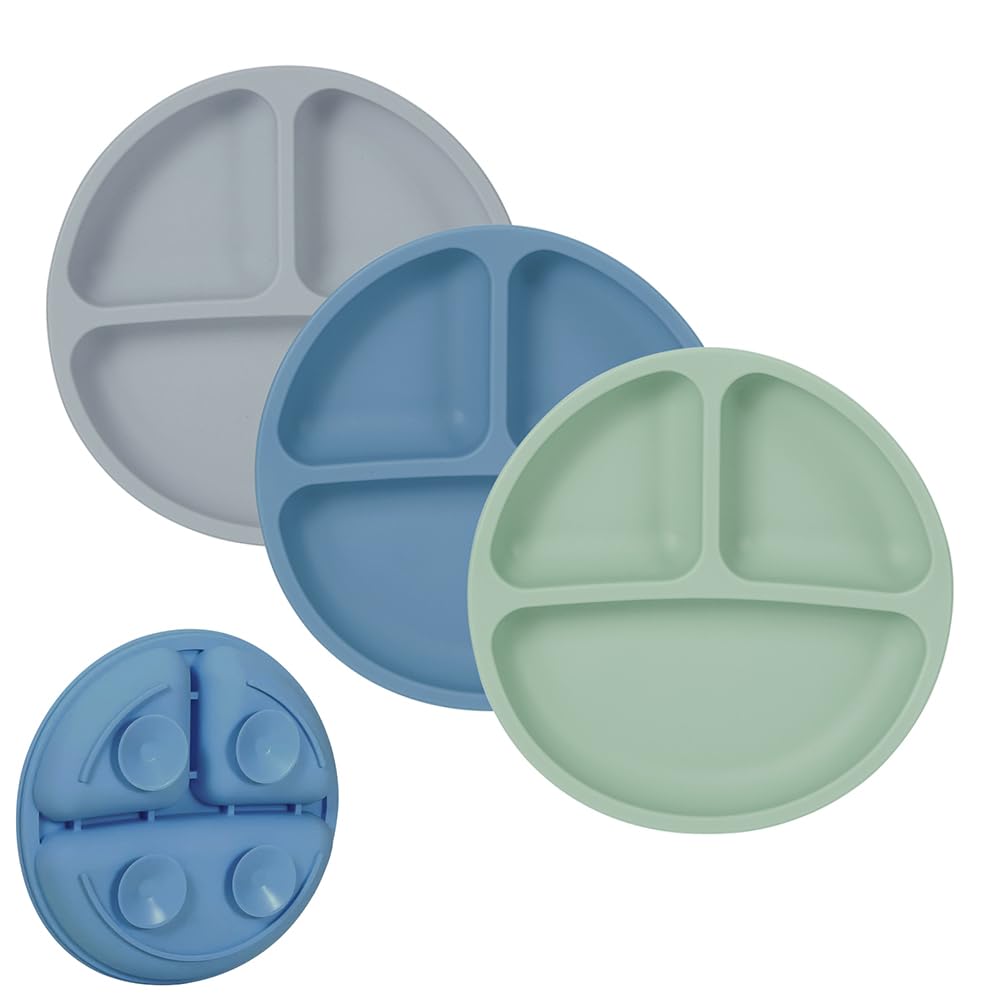 Assiettes en silicone Garvee Baby, sets de table antidérapants pour enfants avec ventouses, sans BPA, pour tout-petits, lot de 3, bleu, vert, gris