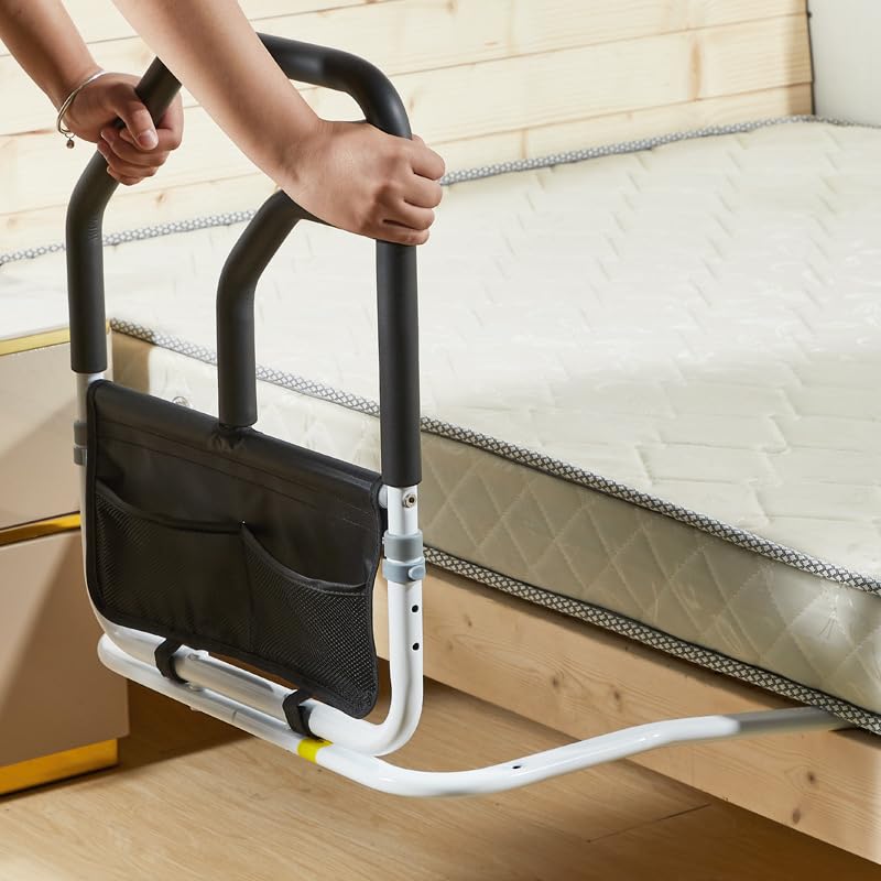 Barrière de lit de sécurité Garvee pour personnes âgées avec double main courante, sac de rangement, cadre en acier, noir, 68 x 63 x 62 cm