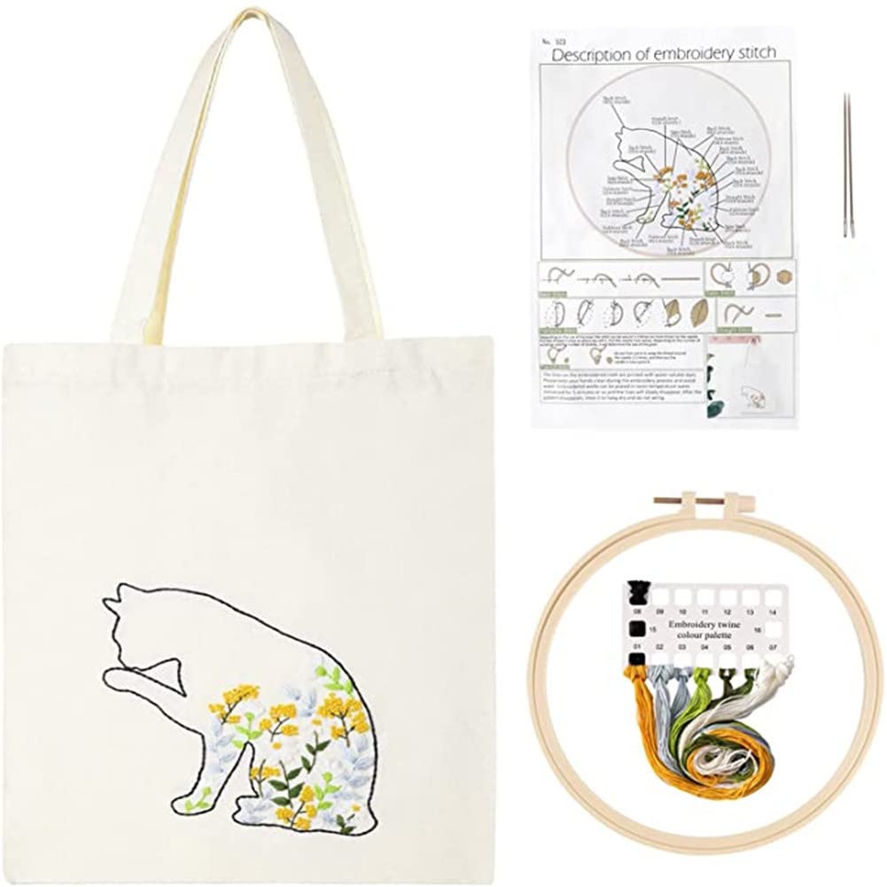 Kit de broderie Garvee 3 pièces pour débutants avec motif, instructions, sac à broder, tambour à broder, kits de point de croix à faire soi-même pour sacs en toile, adultes
