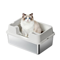 Bac à litière Garvee grand format en acier inoxydable 36 L, semi-fermé, avec tapis antidérapant et pelle à litière, idéal pour les foyers avec plusieurs chats, dimensions : 60 x 40 x 27 cm, blanc naturel