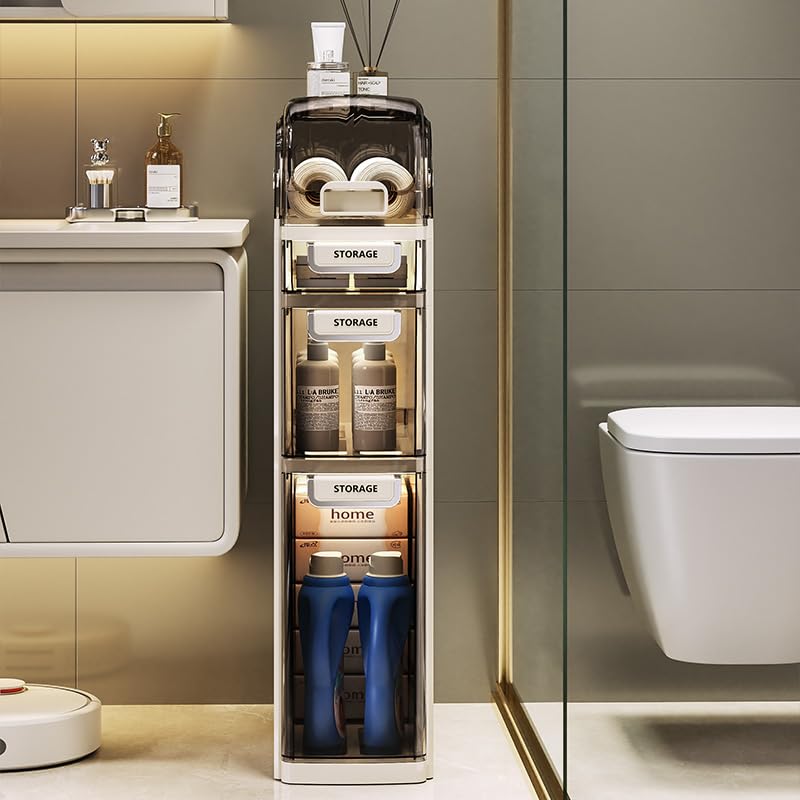 Meuble de salle de bain Garvee à 4 niveaux, étroit, avec tiroirs transparents et roulettes, pour salle de bain et cuisine. Gain de place, étanche, ABS et PP, argent.