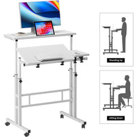 Garvee Bureau d'ordinateur, réglable en hauteur de 70 à 115 cm, bureau assis-debout mobile à roulettes, blanc 80×60 cm, pour la maison et le bureau