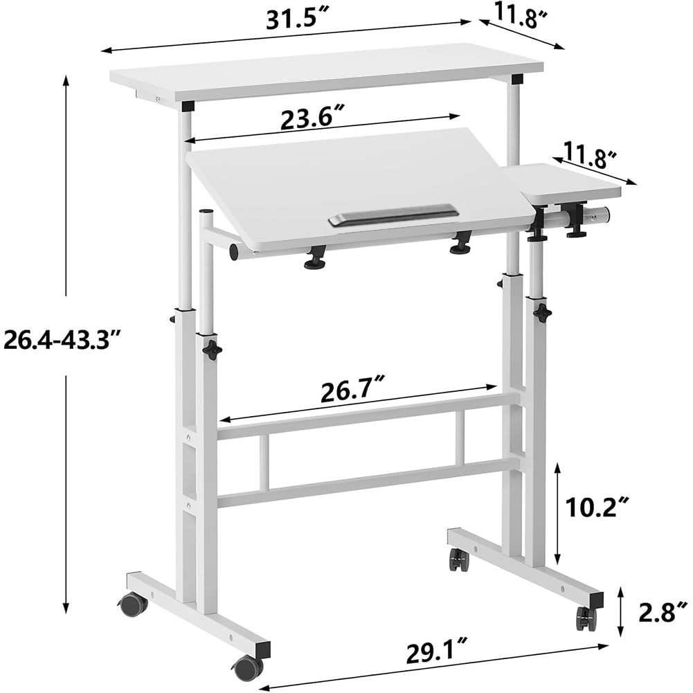 Garvee Bureau d'ordinateur, réglable en hauteur de 70 à 115 cm, bureau assis-debout mobile à roulettes, blanc 80×60 cm, pour la maison et le bureau
