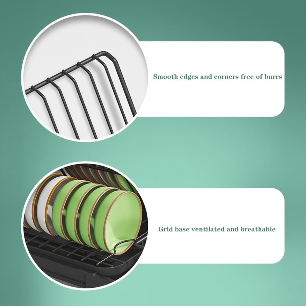 Égouttoir à vaisselle Garvee en acier inoxydable au carbone avec bac d'égouttage et porte-couverts pour petites cuisines, noir, extensible de 32 à 52 cm